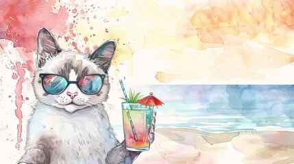 Stylish Cat in sunglasses, enjoying tropical cocktail on sunny beach. Feline with soft drink. Banner. Copy space. Concept of summer vibes, refreshing drinks, vacation, leisure. Watercolor illustration