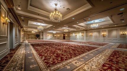 Wall Mural - This expansive ballroom flaunts a luxurious red patterned carpet, stunning chandeliers, and elegant wall paneling suitable for lavish events