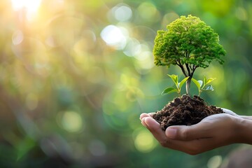 hands holding small tree , concept of life care on earth and nature protection, environment day wallpaper