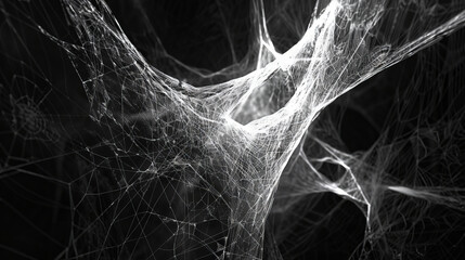 A black and white image of spider webs.