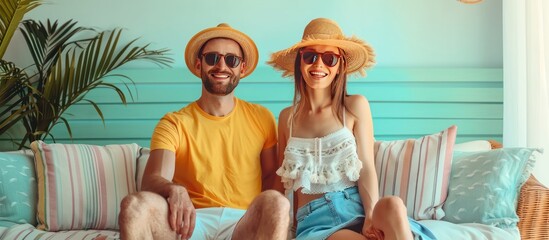 young couple use hat and glasses for summer