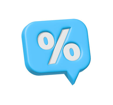 Percent button mathematical counting financial business investment 3d realistic blue speech bubble icon. Web design, financial theme. Comment with percent sign. Discount notification.