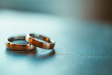 Close up of elegant gold wedding rings on plain white background in macro photography