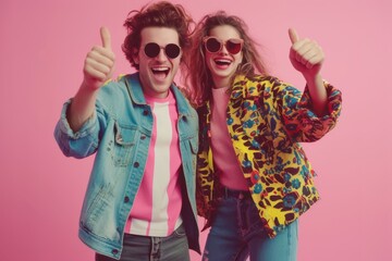 caucasian couple models man and woman  dancing in 80s style clothes on pink background, smiling and showing thumbs up. Cheerful guy dance with copy space. Vintage fashion outfit shopping. Disco party.