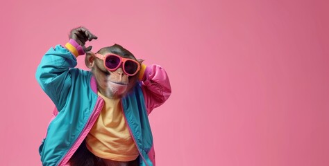 monkey dressed in 80s style clothes and dancing on pink background