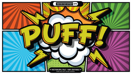 Aufkleber - Puff pop art style comic 3d editable vector text effect with comic book backdrop illustration