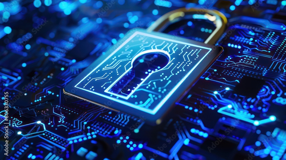 This image illustrates digital security with a glowing padlock icon ...