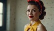 P: photo of exited pin up girl looking down, yellow bandana bow, red dotted dress, smiling, white background --ar 5:6 --style raw --stylize 200