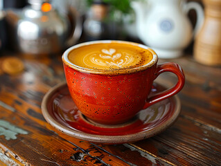 A cup of coffee on a wooden table.