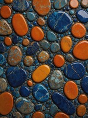 Aufkleber - Multitude of polished stones, predominantly in hues of vibrant orange, deep blue, meticulously arranged to form visually captivating mosaic. Stones, varying in size, shape, exhibit smooth.