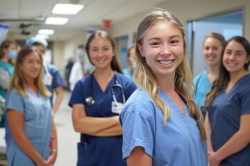 Confident Young Nursing Student Poses with Team in Hospital Setting