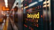 © TensorSpark - An airport departure board displays multiple flights labeled as Delayed, indicating widespread disruptions, possibly due to an airline strike or technical problems with the aircraft.