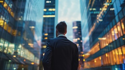 Wall Mural - back view of a businessman looking upwards towards the towering skyscrapers of a modern urban citysc