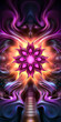 Vivid fractal flower as a mystical gateway on a path of enlightenment, flanked by cosmic energies and deep purples