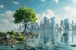 green tree around clear water and garbage on city background, concept of climate change and pollution, environmental protection wallpaper, environment world day