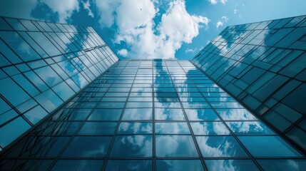 Wall Mural - upward view of a contemporary glass skyscraper against a backdrop of fluffy white clouds in a clear 