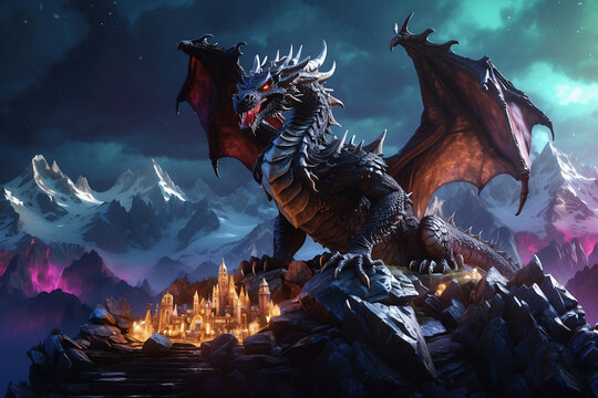 fantasy of a mighty dragon guarding a treasure at night during the aurora
