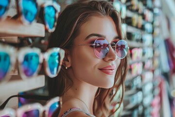 Portrait of beautiful young woman choosing sunglasses in store. Shopping people fashion concept, Generative AI