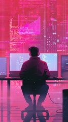 Visualize a tech developer at a product launch, feeling like a fraud despite his code running flawlessly
