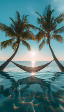A Hammock Strung Between Two Palm Trees, Gently Rocking In The Ocean Breeze