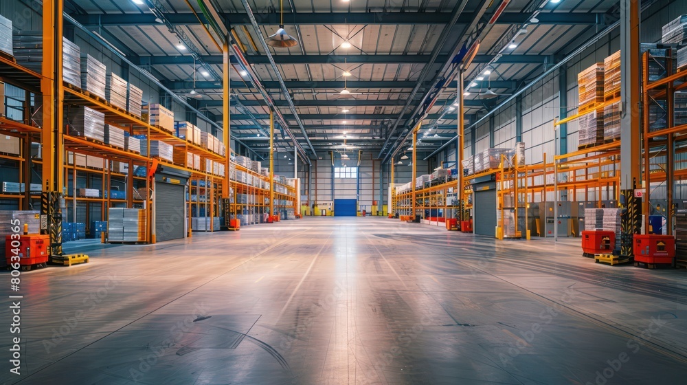 Interior view of a large and well-organized warehouse with high shelves ...