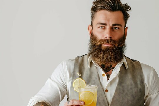 Bearded bartender holding cocktail with lemon in hand, on white background. Confident expression of barman or party host isolated over white wall.