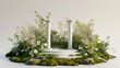  spring summer landscape  garden podium backdrop with geometric arch greek and roman pole . colorful flowers and grass field ,Greek Roman stone gazebo in meadow and flowerbed