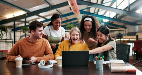 Poster - University, friends and students on laptop with success for good news, grades results and feedback on campus. Education, college and women and men on computer for academy pass, learning and studying