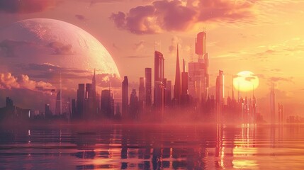 Futuristic city skyline cityscape buildings sunset wallpaper background