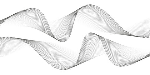 Poster - Abstract flowing dots particles waves pattern halftone gradient curve shape isolated on transparent background. Big data visualization. Vector illustration.