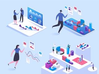 Poster - business analytics isometric vector illustration. professional analysts team 3d cartoon characters. 