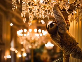 Canvas Print - AI generated illustration of Sloth hanging from an elegant chandelier