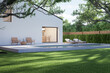 Minimal style white house with concrete tile swimming pool 3d render There are clean green lawn with big tree branch foreground and nature background
