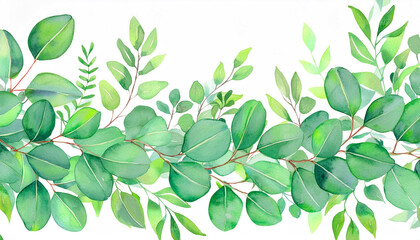 Wall Mural - Watercolor green leaves and branches on white background, illustration.