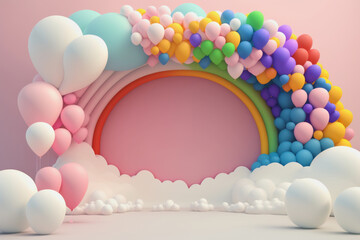 Wall Mural - 3d rainbow with party balloons and white clouds