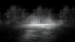 Dark and mysterious smoke or fog fills an empty room with a concrete floor, creating an eerie atmosphere