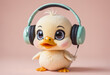 Young cute duck wearing headphones, listening to music, big eyes looking at viewer. isolated on background.