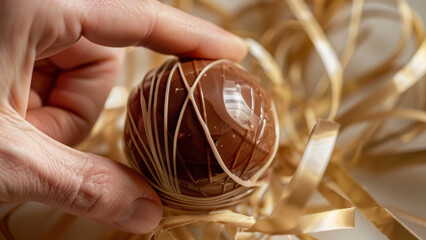 a closeup of a hand unwrapping a packaging ball made of wide silky laces. Inside the ball is a chocolate sphere.