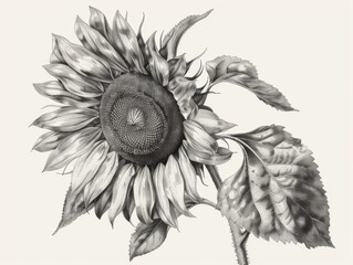 Wall Mural - A beautiful sunflower, surrealism detailed, old print monochrome illustration, white background , generated with ai