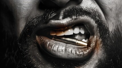 Wall Mural - a bullet between the teeth of an agressive man, black and white photography, generated with AI