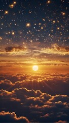 Wall Mural - Golden Sunset Mystical Sky with Fluffy Clouds and Glittering Stars Phone Background Wallpaper.
