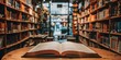 © pawimon - The open book is placed on a wooden table in the library. On the left and right sides of the book are bookshelves with many books.