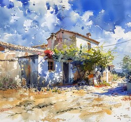 Wall Mural - A small building, blue sky, watercolor style, generated with ai