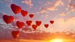 Red heart-shaped balloons soaring into a sunset sky. Romantic scene, perfect for Valentine's Day or love-related concepts. A picturesque and evocative image. AI