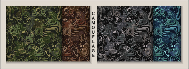 Wall Mural - Seamless camouflage patterns with abstract wavy shapes, swirls, twirls, paint brush strokes, blots, spattered paint. Dense random composition. Grunge texture