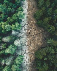 Wall Mural - Climate change themed poster, photo with green forest and nature on one side and cracked soil thirst and drought on the other. generated with AI