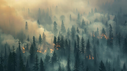 Wall Mural - Forest engulfed in wildfire smoke and fire