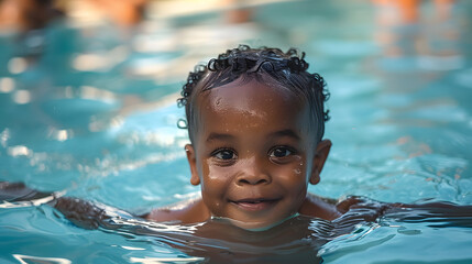 Wall Mural - Happy young black toddler learning to swim in pool on summer vacation. African american child swimming in clear blue water. Schools out concept