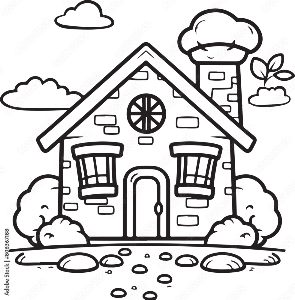 Whimsical House coloring page illustration Hand drawn home coloring