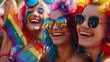 Happy gay people smiling at pride parade with LGBT flags. Colourful rainbow wigs and bold makeup. Inclusion and diversity at pride festival. Joyful friends celebrating gay rights
